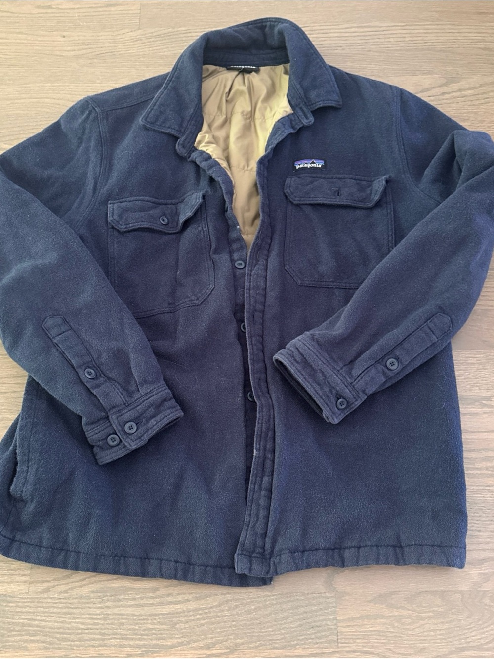 Patagonia Navy Blue Fleece Shirt Jacket with Tan Lining